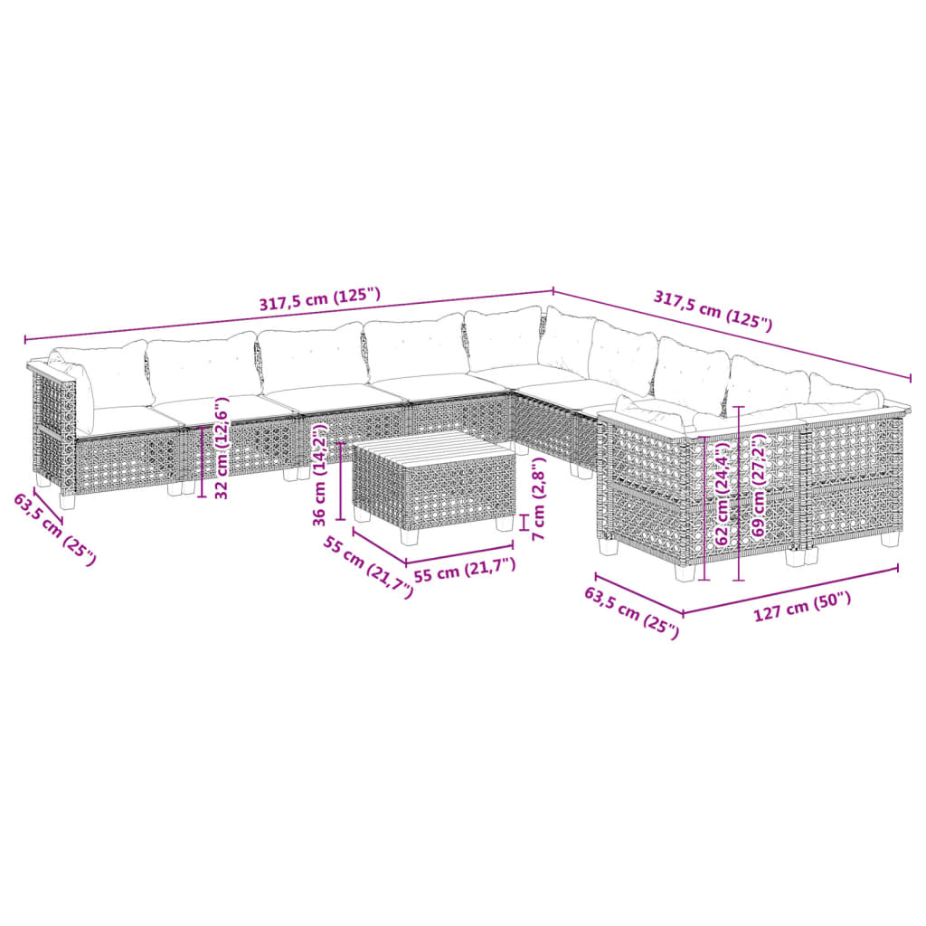 11-delige Loungeset met kussens poly rattan grijs is nu te koop bij PeponiXL, paradijselijk wonen!