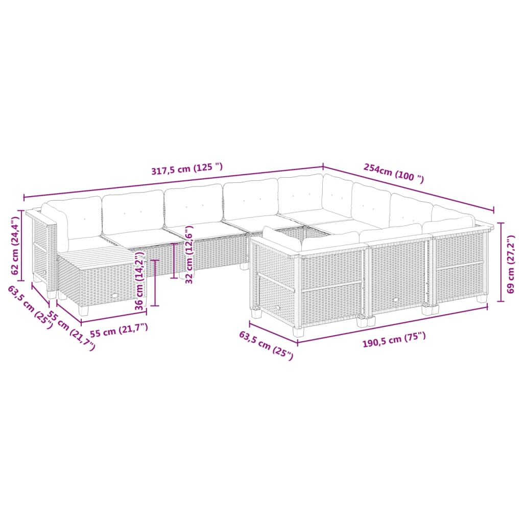 11-delige Loungeset met kussens poly rattan zwart is nu te koop bij PeponiXL, paradijselijk wonen!
