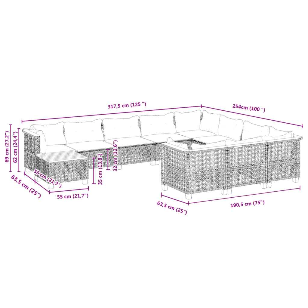 11-delige Loungeset met kussens poly rattan grijs is nu te koop bij PeponiXL, paradijselijk wonen!