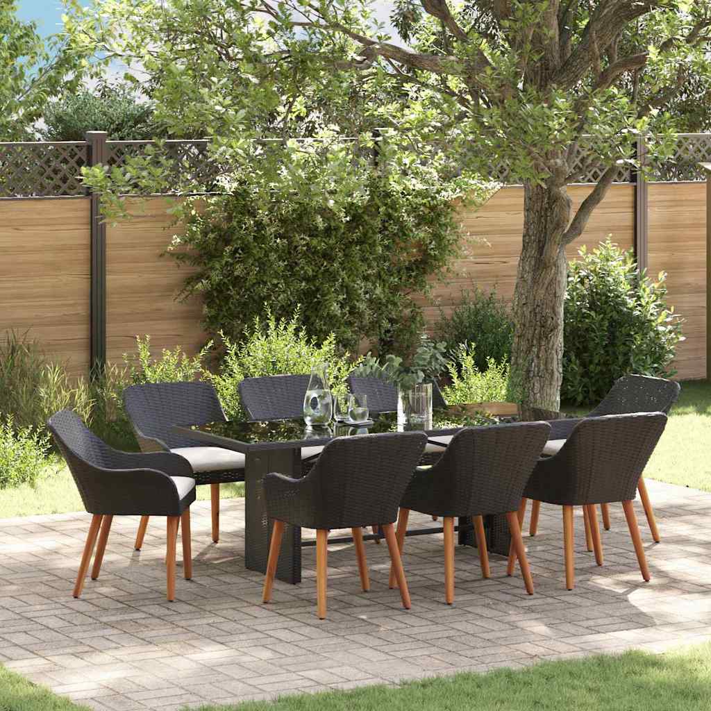 Tuin eettafelset met kussen 9 pcs Zwart poly rattan is nu te koop bij PeponiXL, paradijselijk wonen!