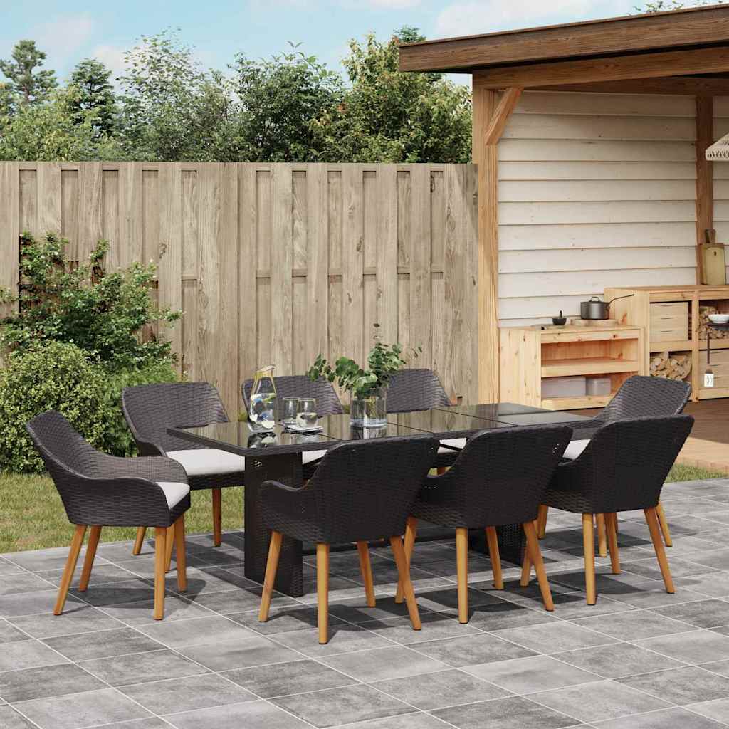 Tuin eettafelset met kussen 9 pcs Zwart poly rattan is nu te koop bij PeponiXL, paradijselijk wonen!