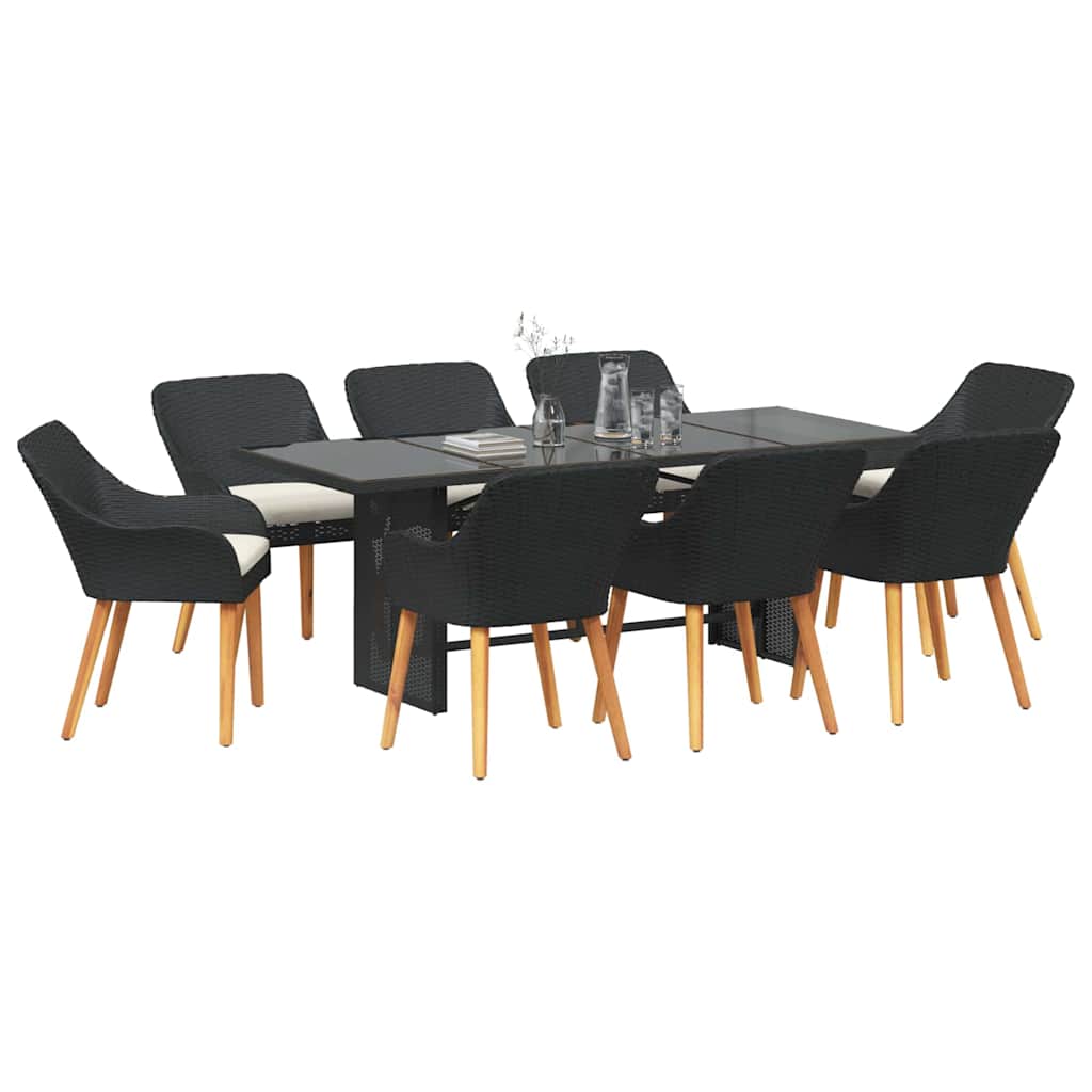 Tuin eettafelset met kussen 9 pcs Zwart poly rattan is nu te koop bij PeponiXL, paradijselijk wonen!