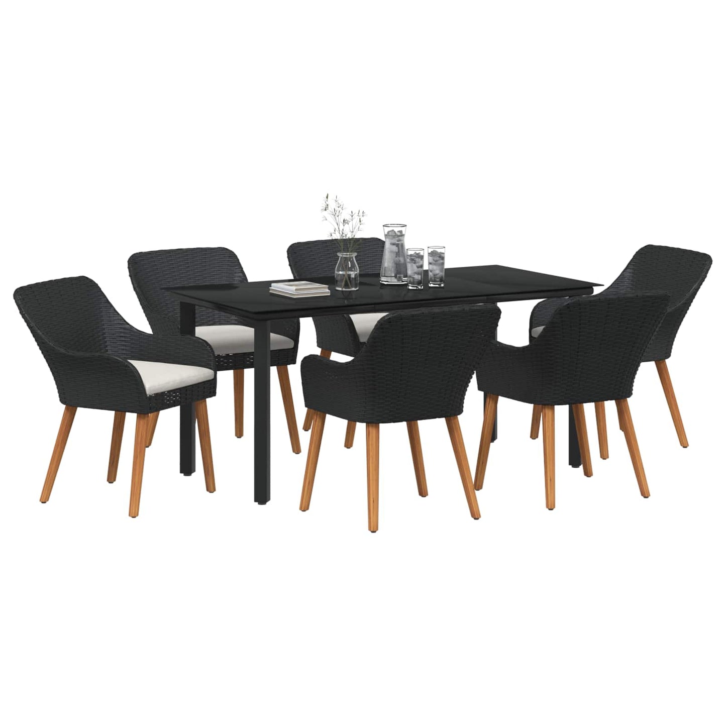 Tuin eettafelset met kussen 7 pcs Zwart poly rattan is nu te koop bij PeponiXL, paradijselijk wonen!