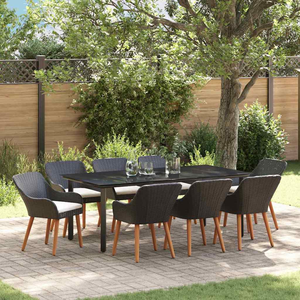 Tuin eettafelset met kussen 9 pcs Zwart poly rattan is nu te koop bij PeponiXL, paradijselijk wonen!