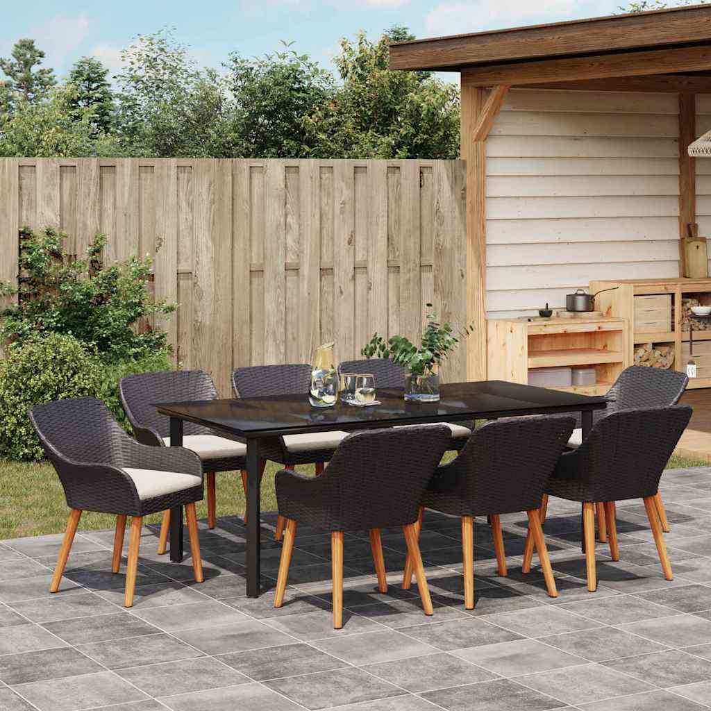 Tuin eettafelset met kussen 9 pcs Zwart poly rattan is nu te koop bij PeponiXL, paradijselijk wonen!