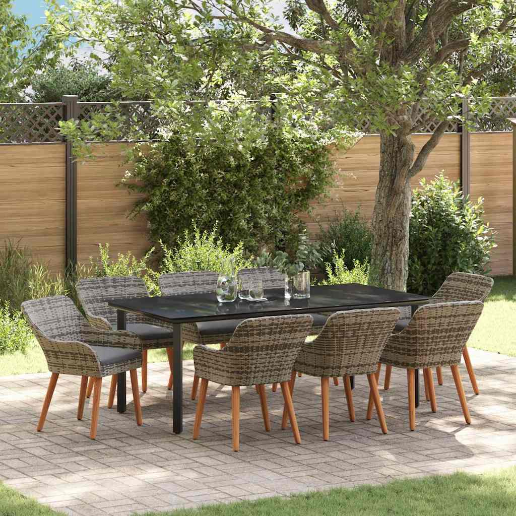 Tuin eettafelset met kussen 9 pcs Grijs poly rattan is nu te koop bij PeponiXL, paradijselijk wonen!