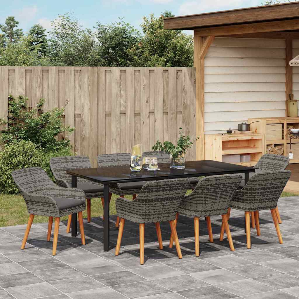 Tuin eettafelset met kussen 9 pcs Grijs poly rattan is nu te koop bij PeponiXL, paradijselijk wonen!