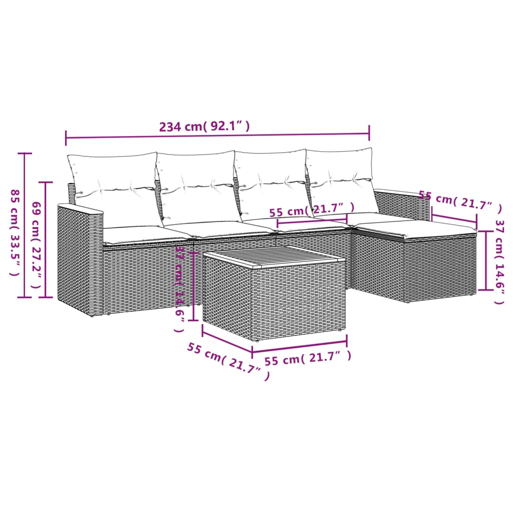 6-delige Loungeset met kussens poly rattan grijs is nu te koop bij PeponiXL, paradijselijk wonen!