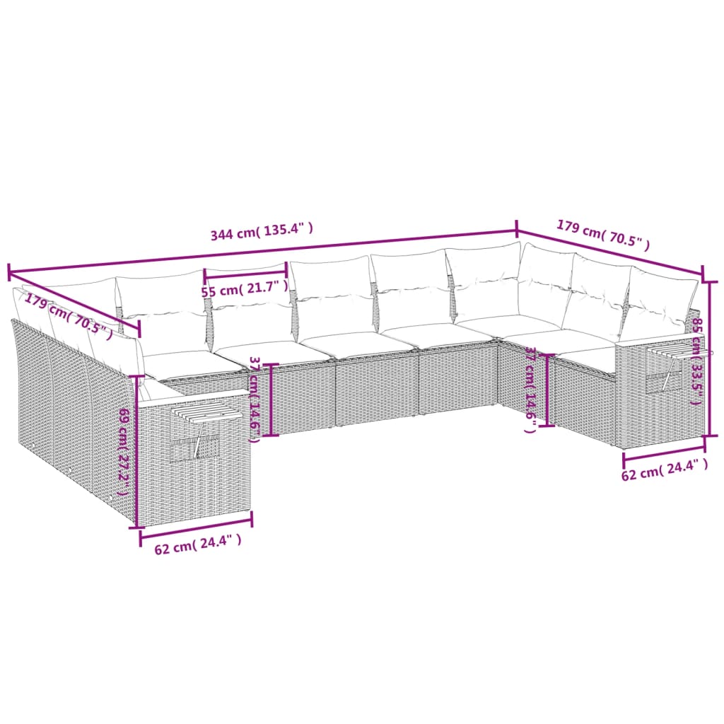 10-delige Loungeset met kussens poly rattan grijs is nu te koop bij PeponiXL, paradijselijk wonen!