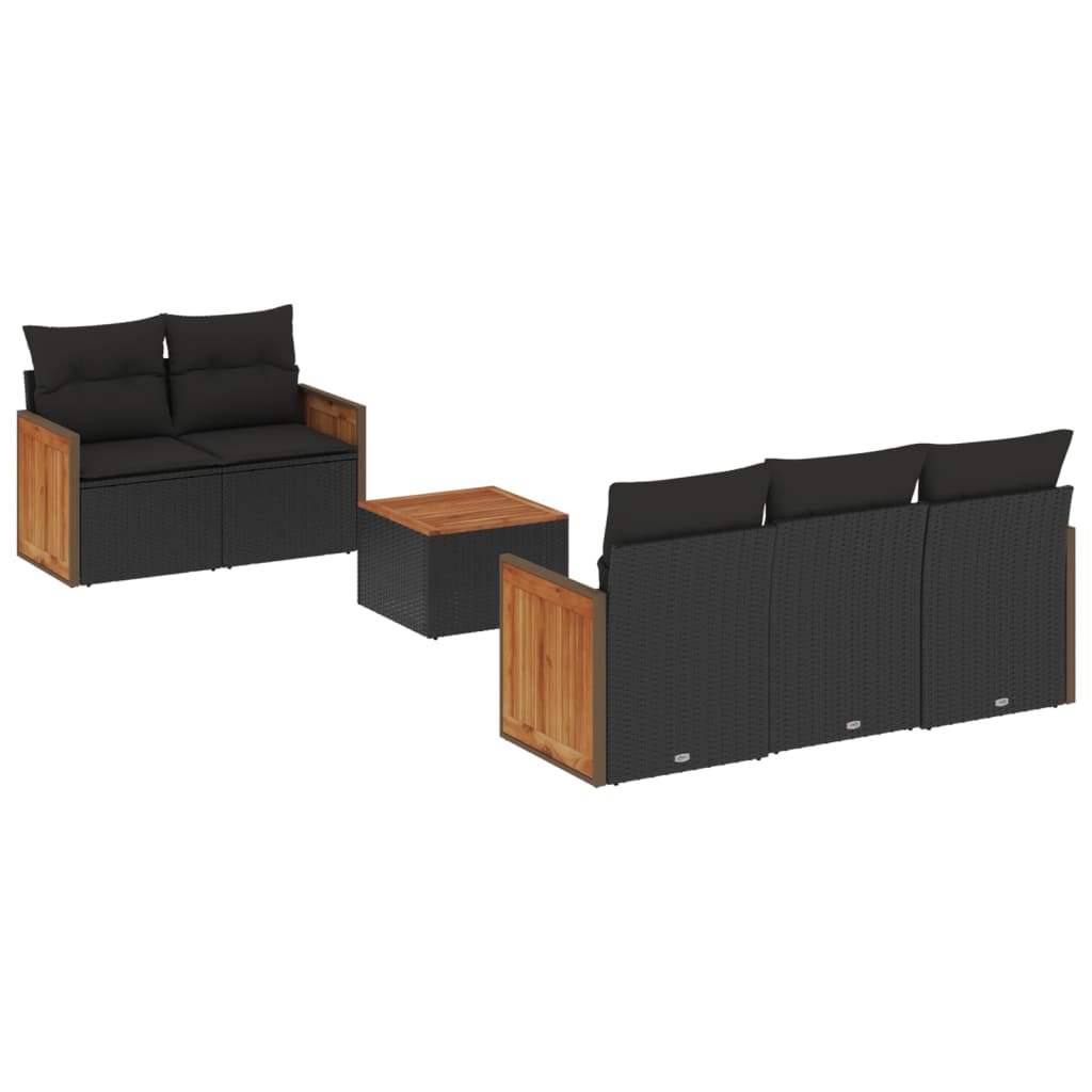 6-delige Loungeset met kussens poly rattan zwart