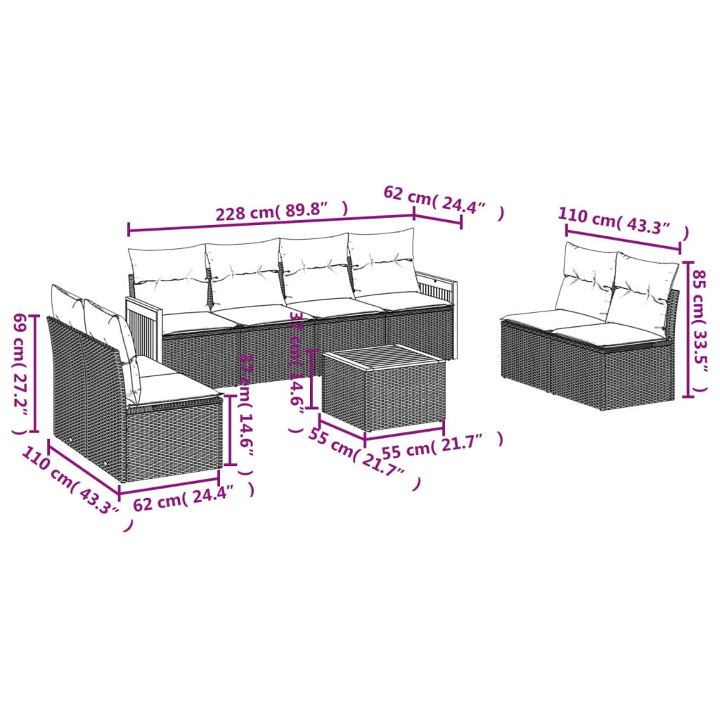 9-delige Loungeset met kussens poly rattan grijs is nu te koop bij PeponiXL, paradijselijk wonen!