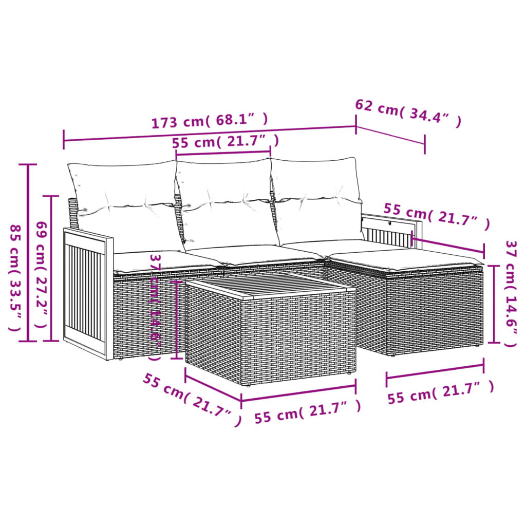 5-delige Loungeset met kussens poly rattan grijs is nu te koop bij PeponiXL, paradijselijk wonen!