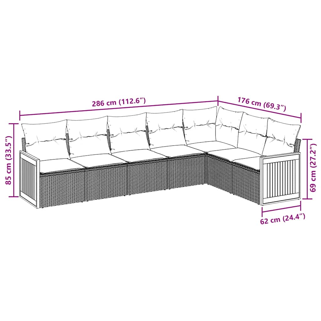 7-delige Loungeset met kussens poly rattan zwart