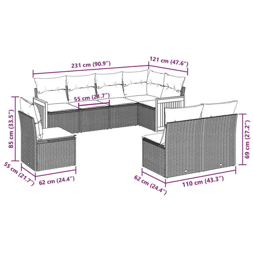 8-delige Loungeset met kussens poly rattan zwart