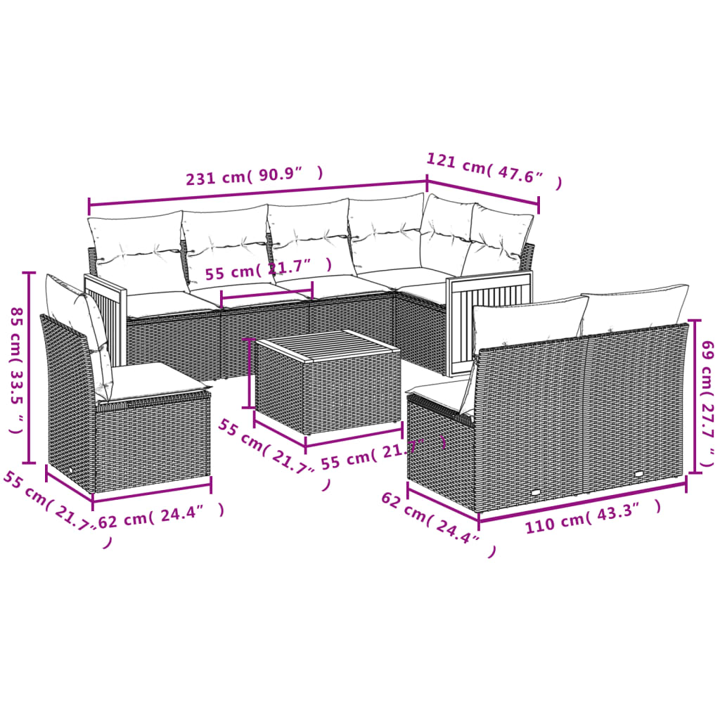 9-delige Loungeset met kussens poly rattan zwart is nu te koop bij PeponiXL, paradijselijk wonen!
