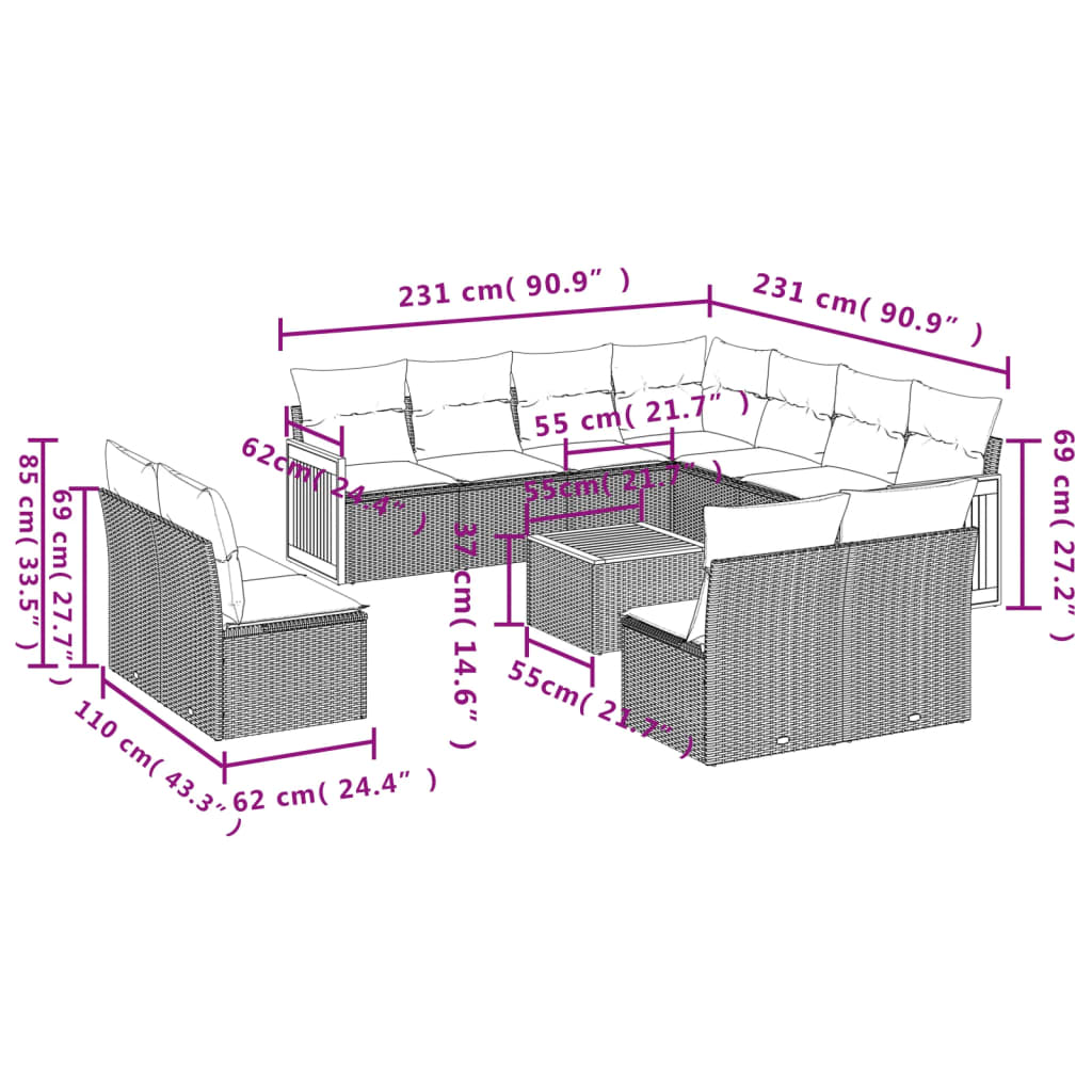 12-delige Loungeset met kussens poly rattan zwart is nu te koop bij PeponiXL, paradijselijk wonen!