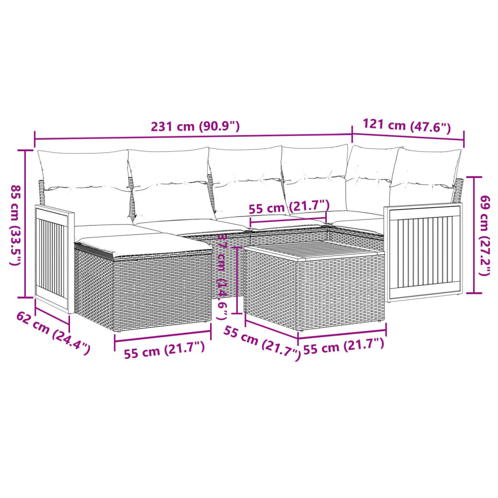 7-delige Loungeset met kussens poly rattan zwart