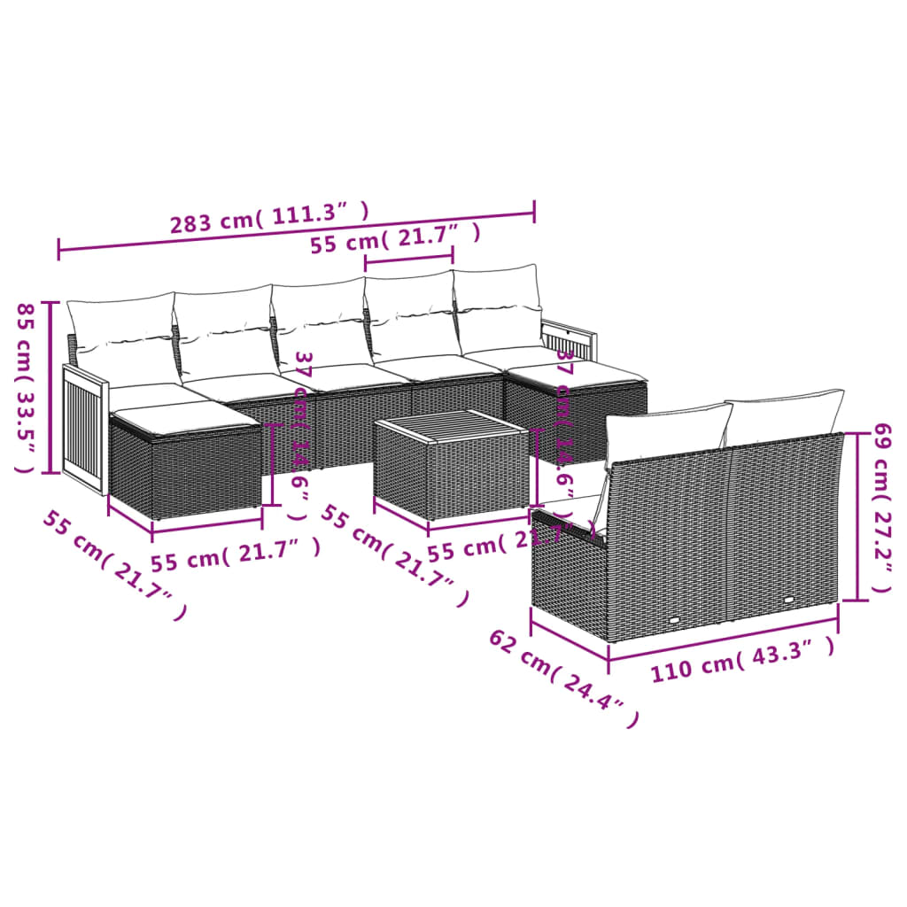 10-delige Loungeset met kussens poly rattan grijs is nu te koop bij PeponiXL, paradijselijk wonen!