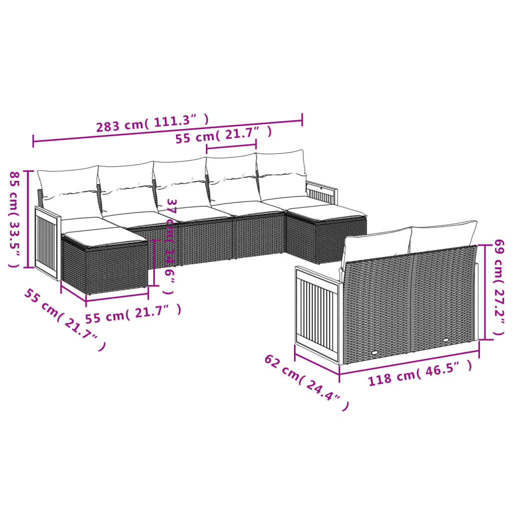 9-delige Loungeset met kussens poly rattan grijs is nu te koop bij PeponiXL, paradijselijk wonen!