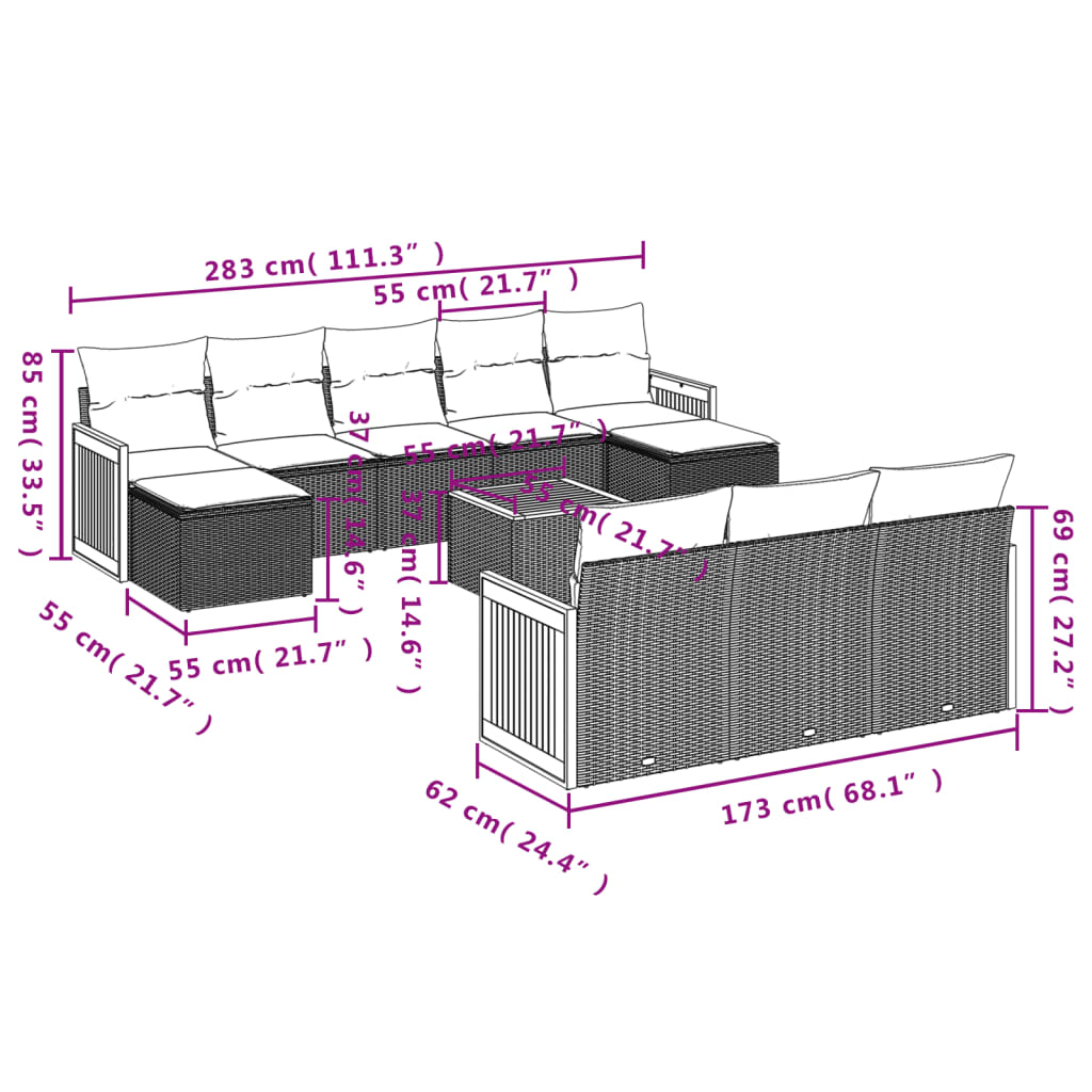 11-delige Loungeset met kussens poly rattan grijs is nu te koop bij PeponiXL, paradijselijk wonen!