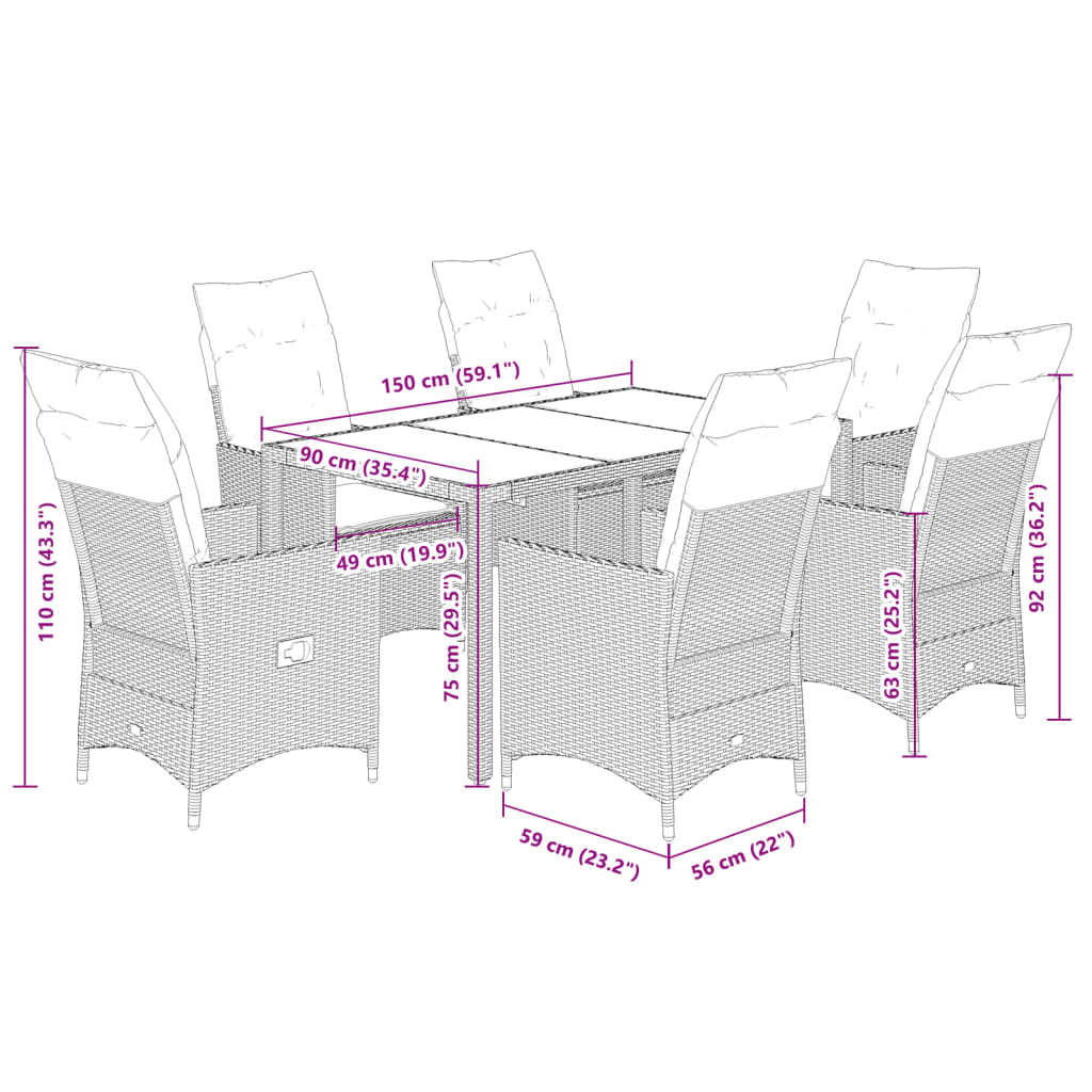 7-delige Tuinset met kussens poly rattan grijs
