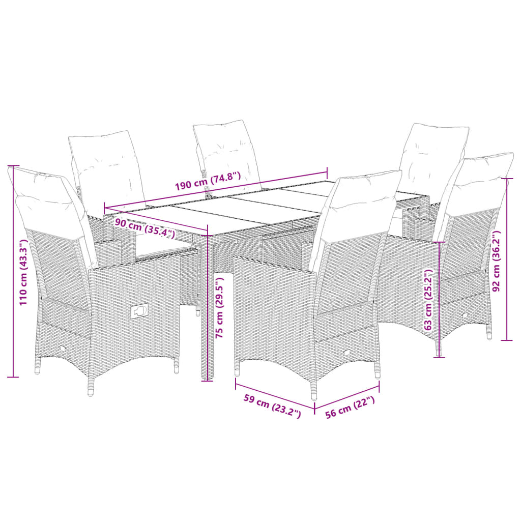 7-delige Tuinset met kussens poly rattan grijs