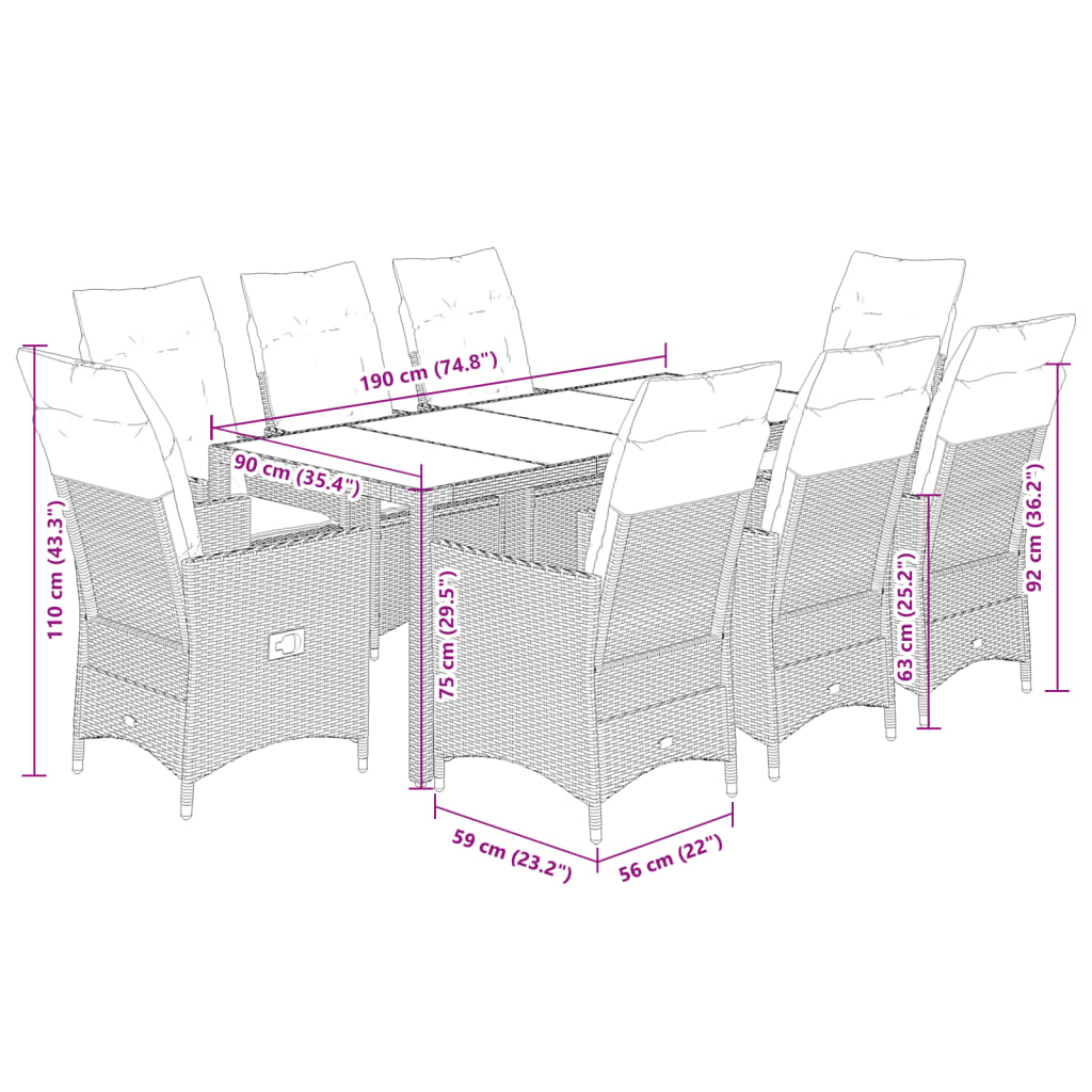 9-delige Tuinset met kussens poly rattan grijs