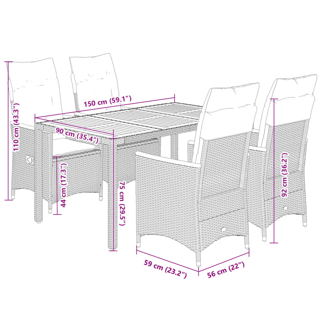 5-delige Tuinset met kussens poly rattan zwart
