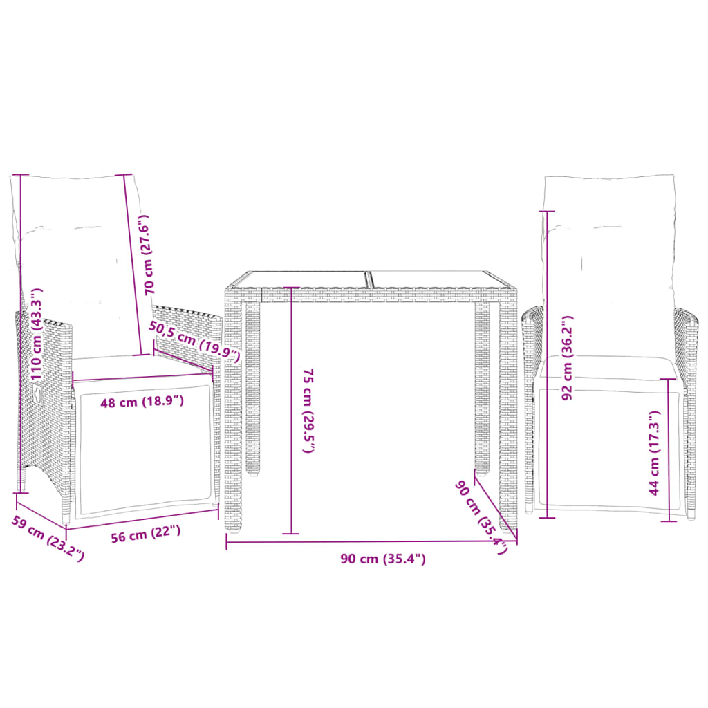 3-delige Bistroset met kussens poly rattan zwart is nu te koop bij PeponiXL, paradijselijk wonen!