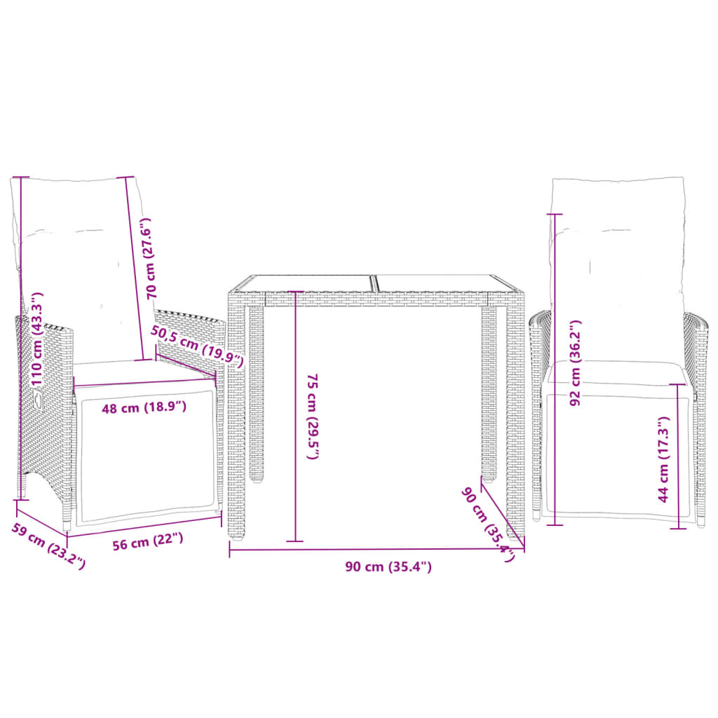 3-delige Bistroset met kussens poly rattan zwart is nu te koop bij PeponiXL, paradijselijk wonen!