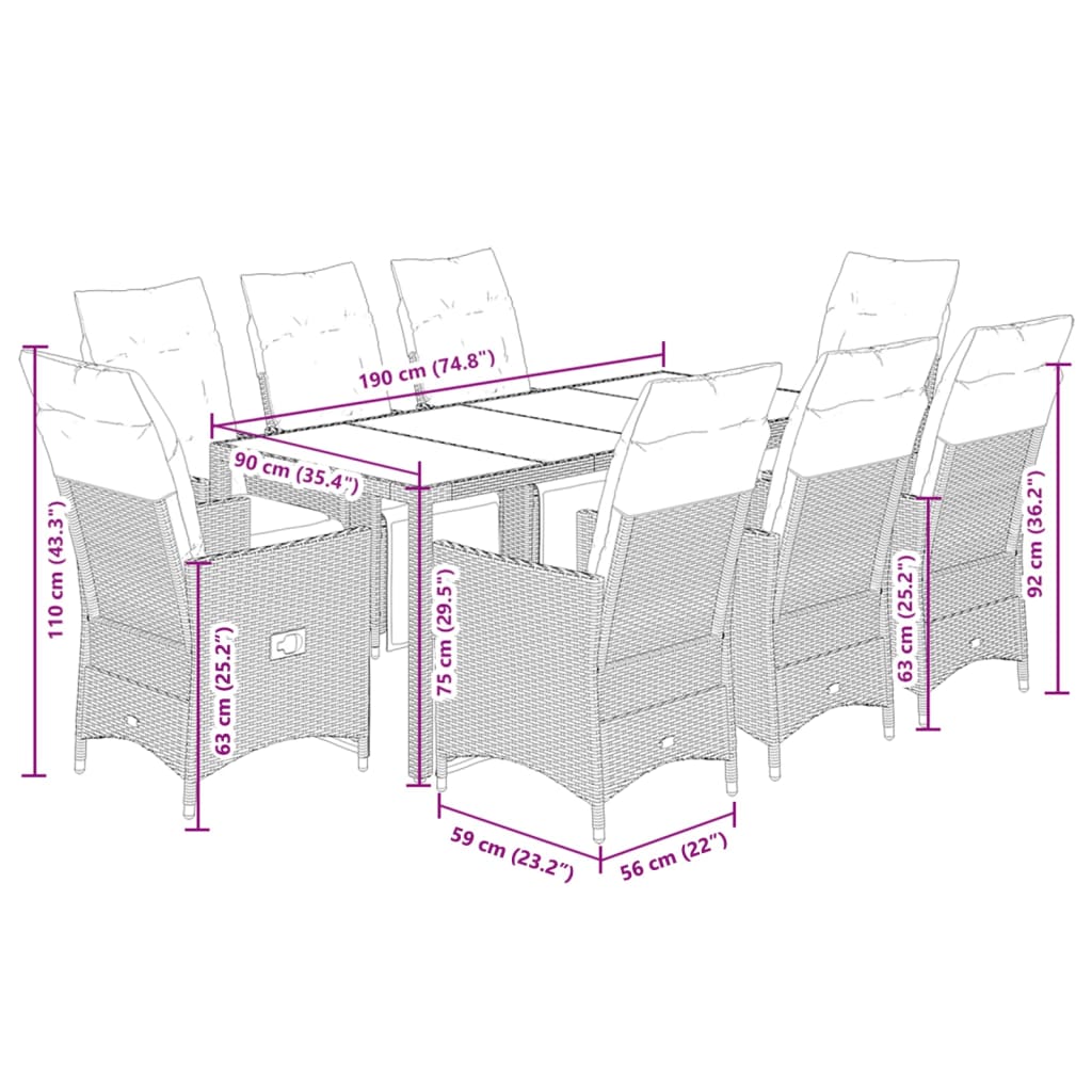9-delige Bistroset met kussens poly rattan grijs is nu te koop bij PeponiXL, paradijselijk wonen!