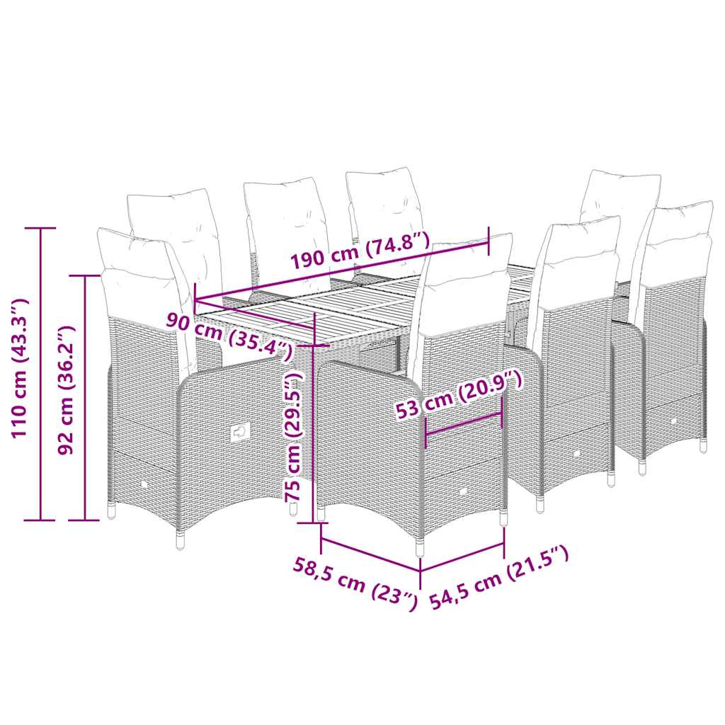 9-delige Bistroset met kussens poly rattan grijs is nu te koop bij PeponiXL, paradijselijk wonen!