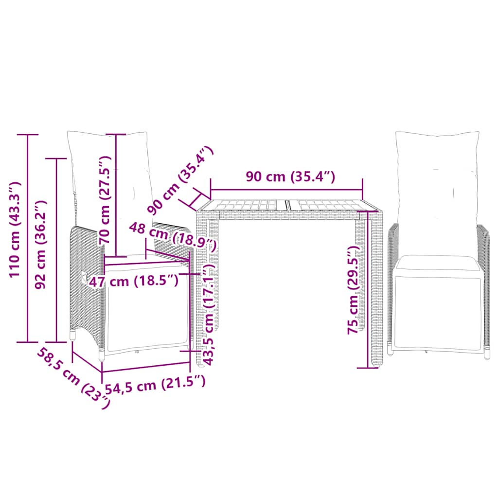 3-delige Bistroset met kussens poly rattan zwart is nu te koop bij PeponiXL, paradijselijk wonen!