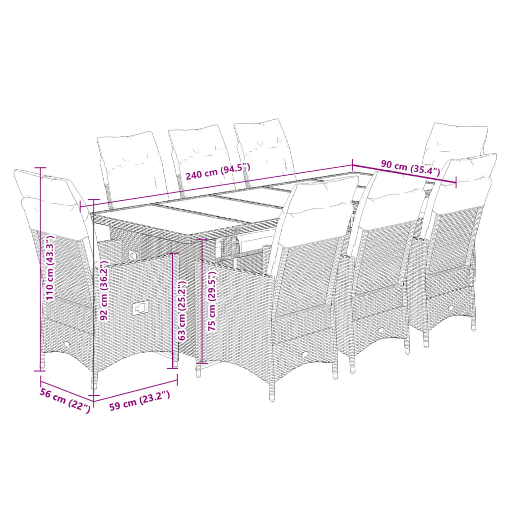 9-delige Bistroset met kussens poly rattan zwart is nu te koop bij PeponiXL, paradijselijk wonen!