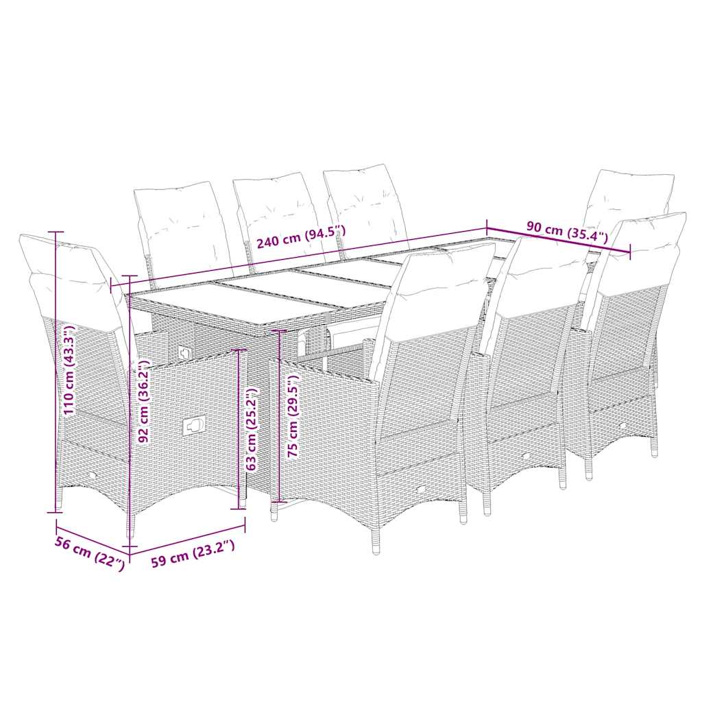 9-delige Bistroset met kussens poly rattan grijs is nu te koop bij PeponiXL, paradijselijk wonen!