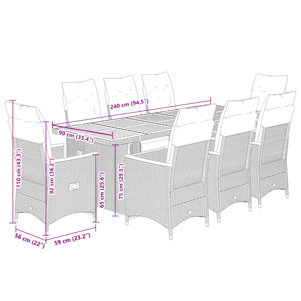 9-delige Bistroset met kussens poly rattan grijs is nu te koop bij PeponiXL, paradijselijk wonen!