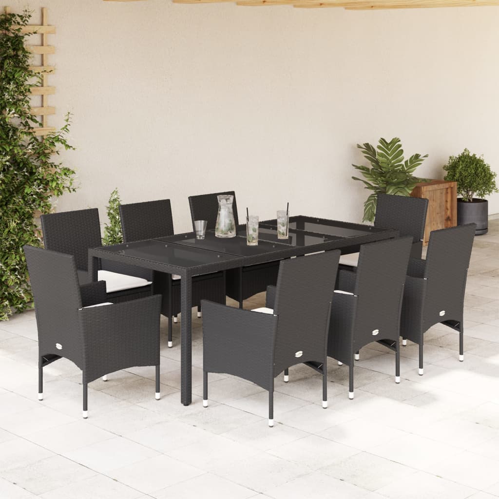 9-delige Tuinset met kussens poly rattan en glas zwart is nu te koop bij PeponiXL, paradijselijk wonen!