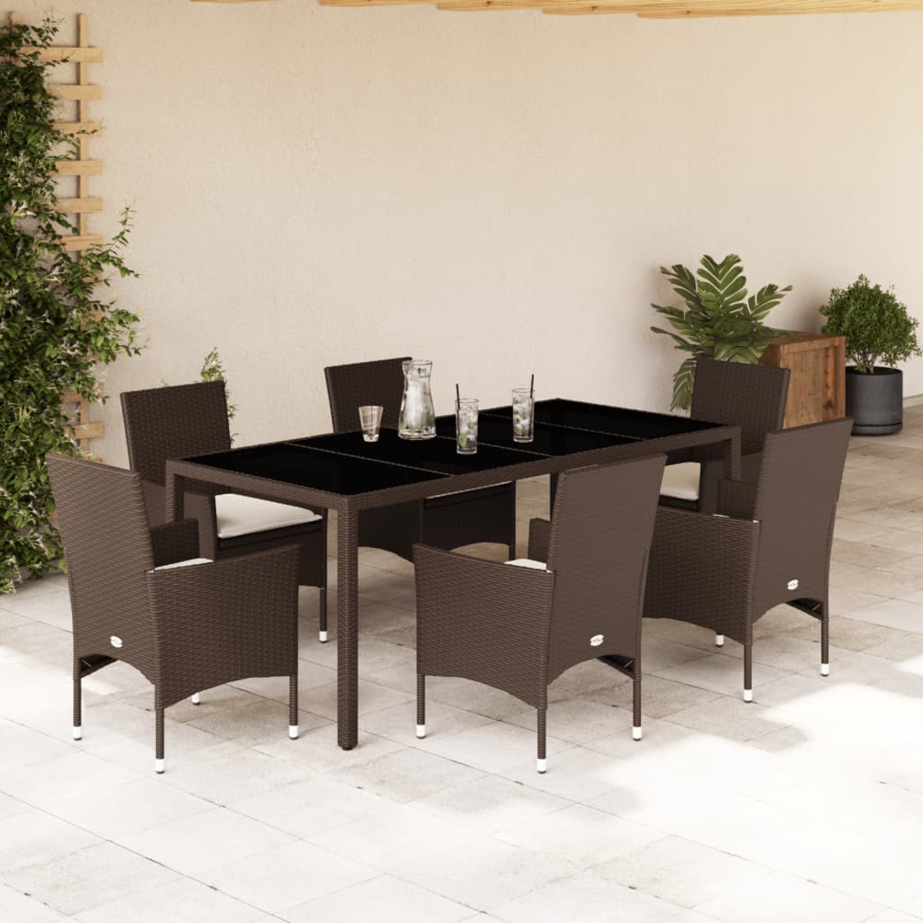 7-delige Tuinset met kussens poly rattan en glas bruin is nu te koop bij PeponiXL, paradijselijk wonen!