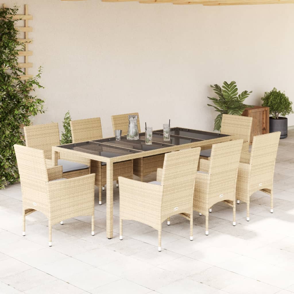 9-delige Tuinset met kussens poly rattan en glas beige is nu te koop bij PeponiXL, paradijselijk wonen!