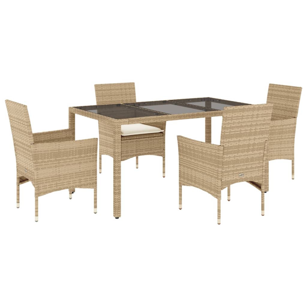 5-delige Tuinset met kussens poly rattan en glas beige