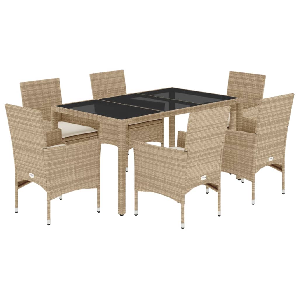 7-delige Tuinset met kussens poly rattan en glas beige