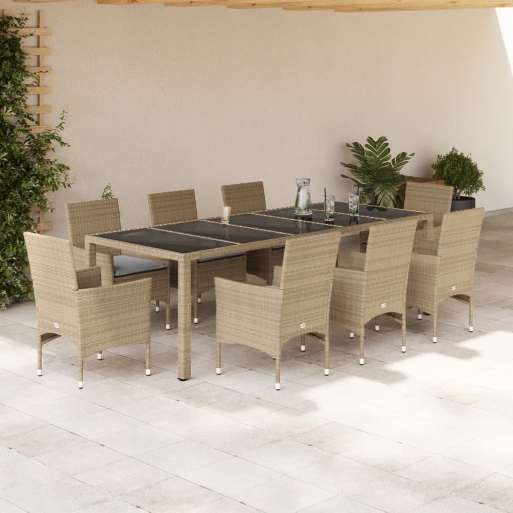 9-delige Tuinset met kussens poly rattan en glas beige is nu te koop bij PeponiXL, paradijselijk wonen!