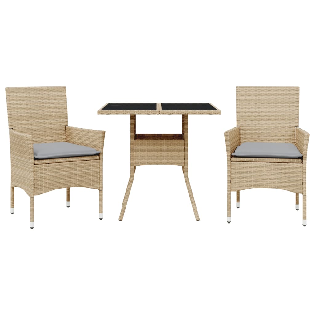3-delige Tuinset met kussens poly rattan en glas beige