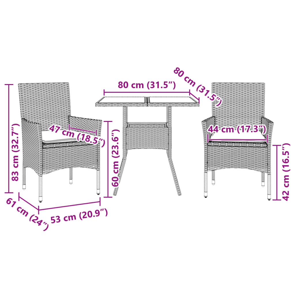 3-delige Tuinset met kussens poly rattan en glas beige
