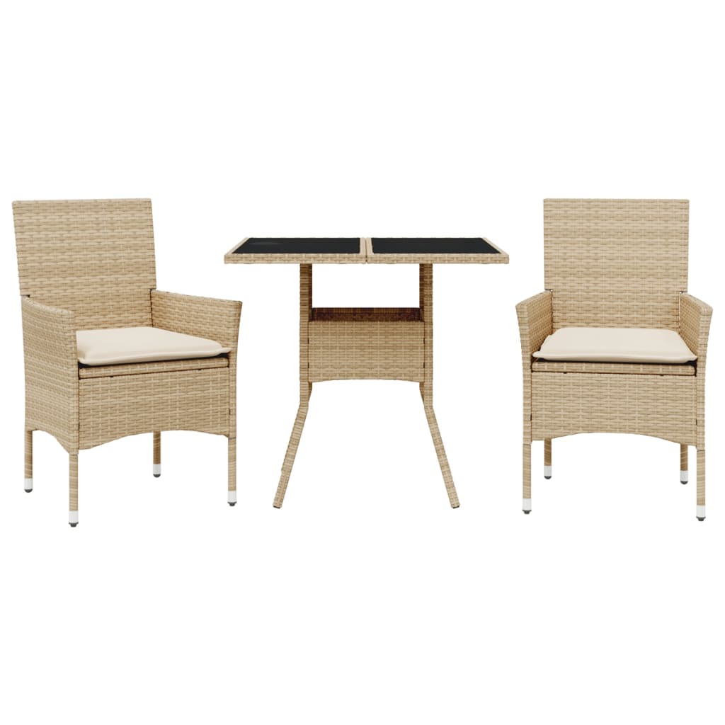 3-delige Tuinset met kussens poly rattan en glas beige