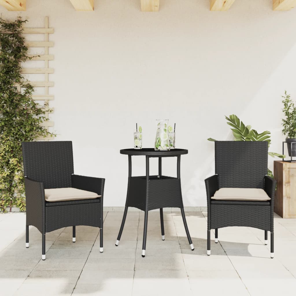 3-delige Tuinset met kussens poly rattan en glas zwart is nu te koop bij PeponiXL, paradijselijk wonen!