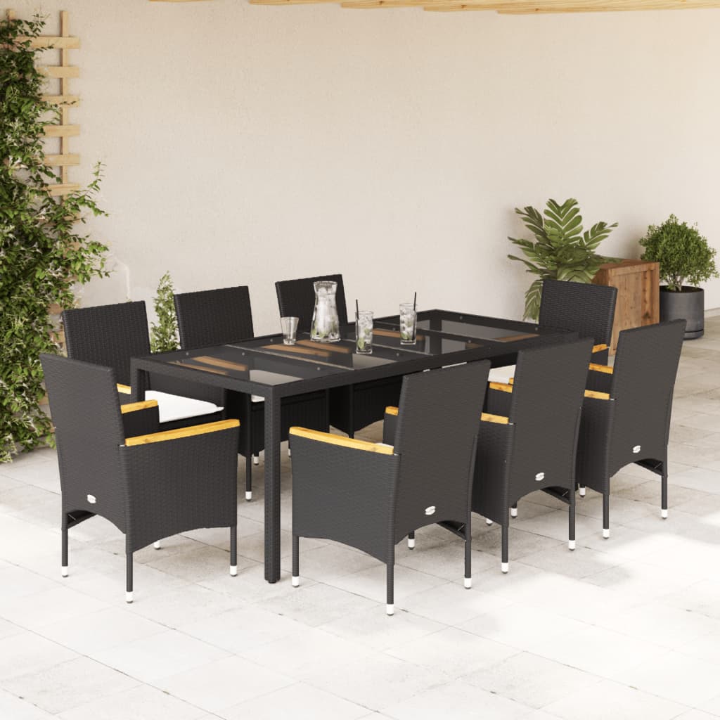 9-delige Tuinset met kussens poly rattan en glas zwart is nu te koop bij PeponiXL, paradijselijk wonen!