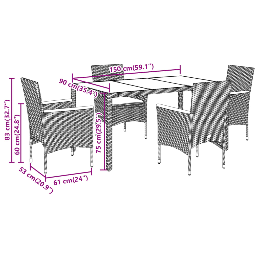 5-delige Tuinset met kussens poly rattan en glas grijs is nu te koop bij PeponiXL, paradijselijk wonen!
