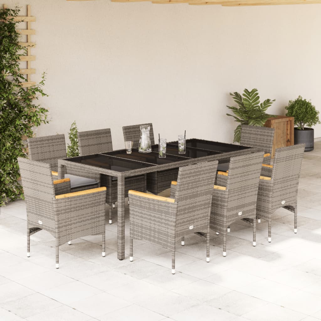 9-delige Tuinset met kussens poly rattan en glas grijs is nu te koop bij PeponiXL, paradijselijk wonen!