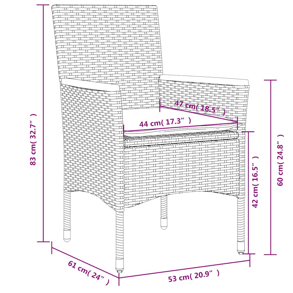 3-delige Tuinset met kussens poly rattan en acaciahout zwart